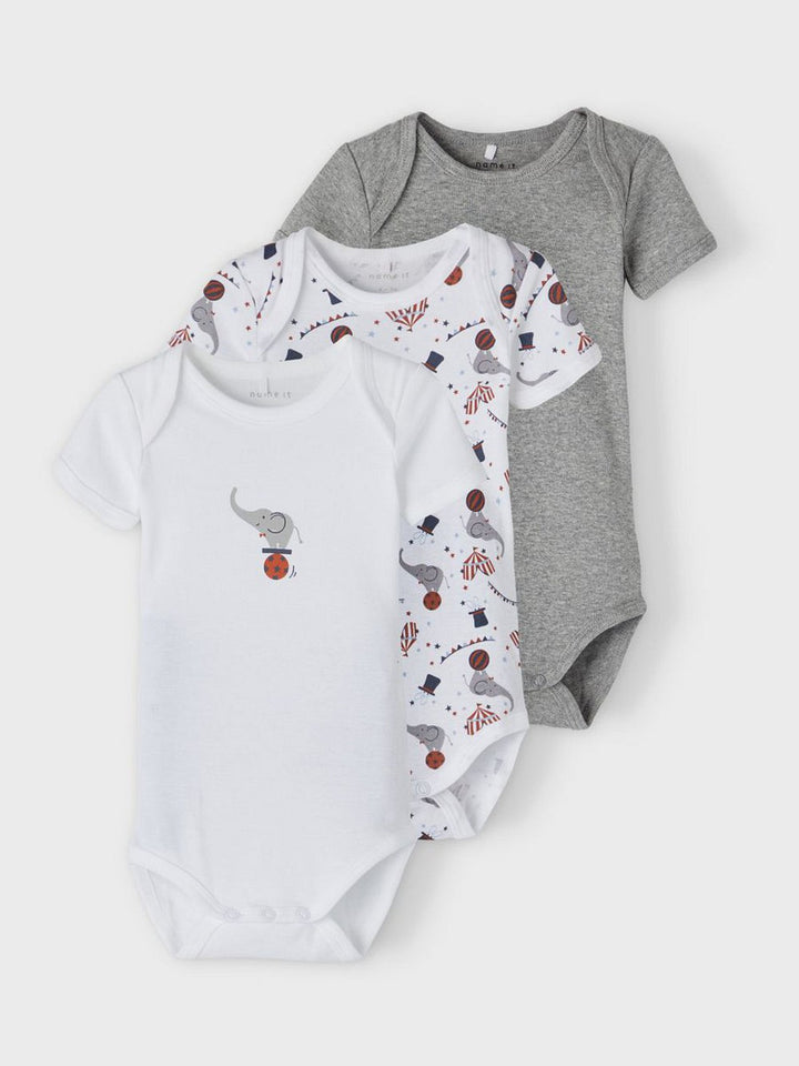 NAME IT 3er kurzarm Baby Body Set grau weiß Zirkus Größe 50 bis 98