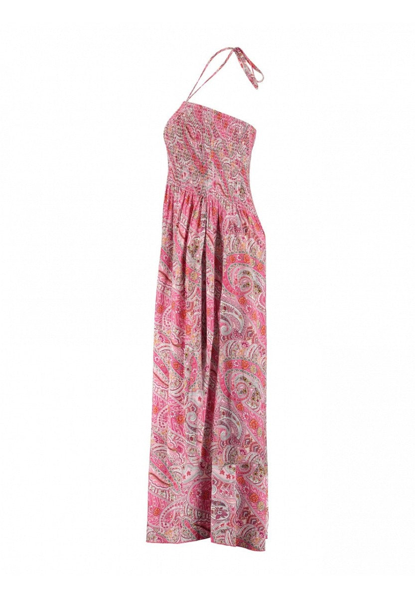Z-One Damen Curvy Boho Maxikleid Sommer Neckholder Bandeau Kleid pink paisley 40/42 - 52