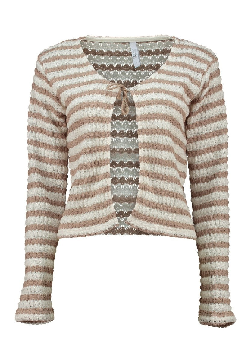 Hailys Häkel Cardigan Damen gestreift Strickjacke beige kurz Bindeband XS – 2XL