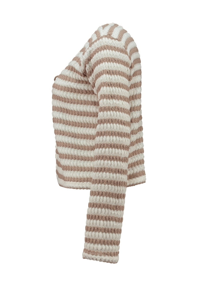 Hailys Häkel Cardigan Damen gestreift Strickjacke beige kurz Bindeband XS – 2XL