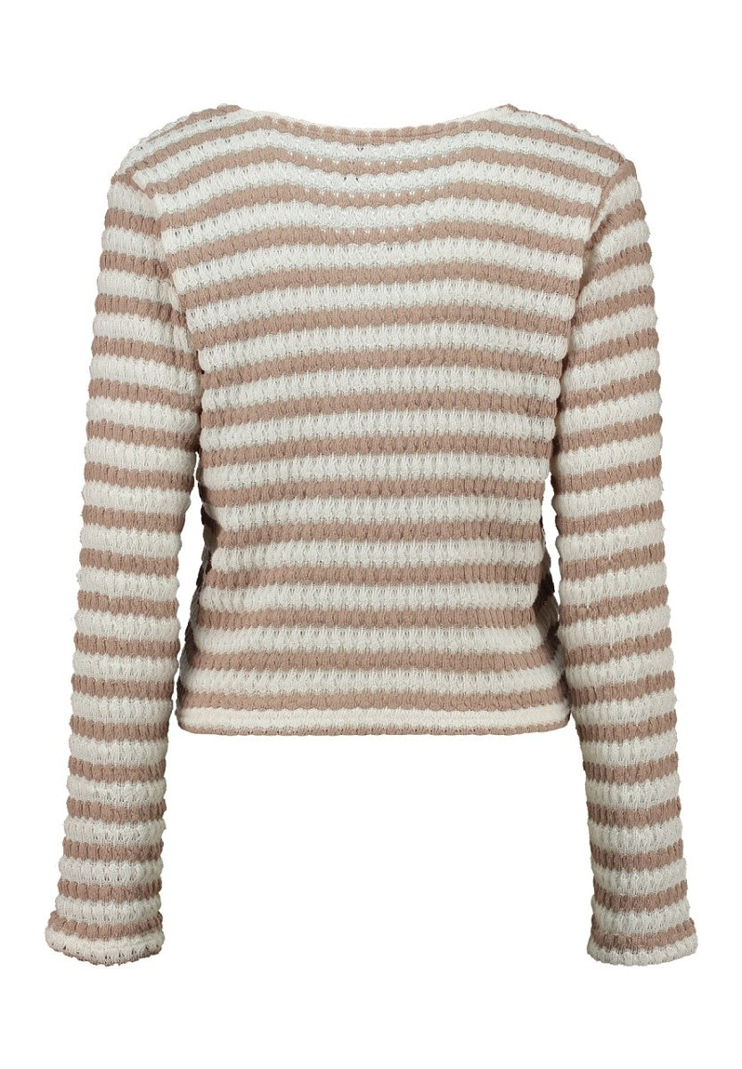 Hailys Häkel Cardigan Damen gestreift Strickjacke beige kurz Bindeband XS – 2XL