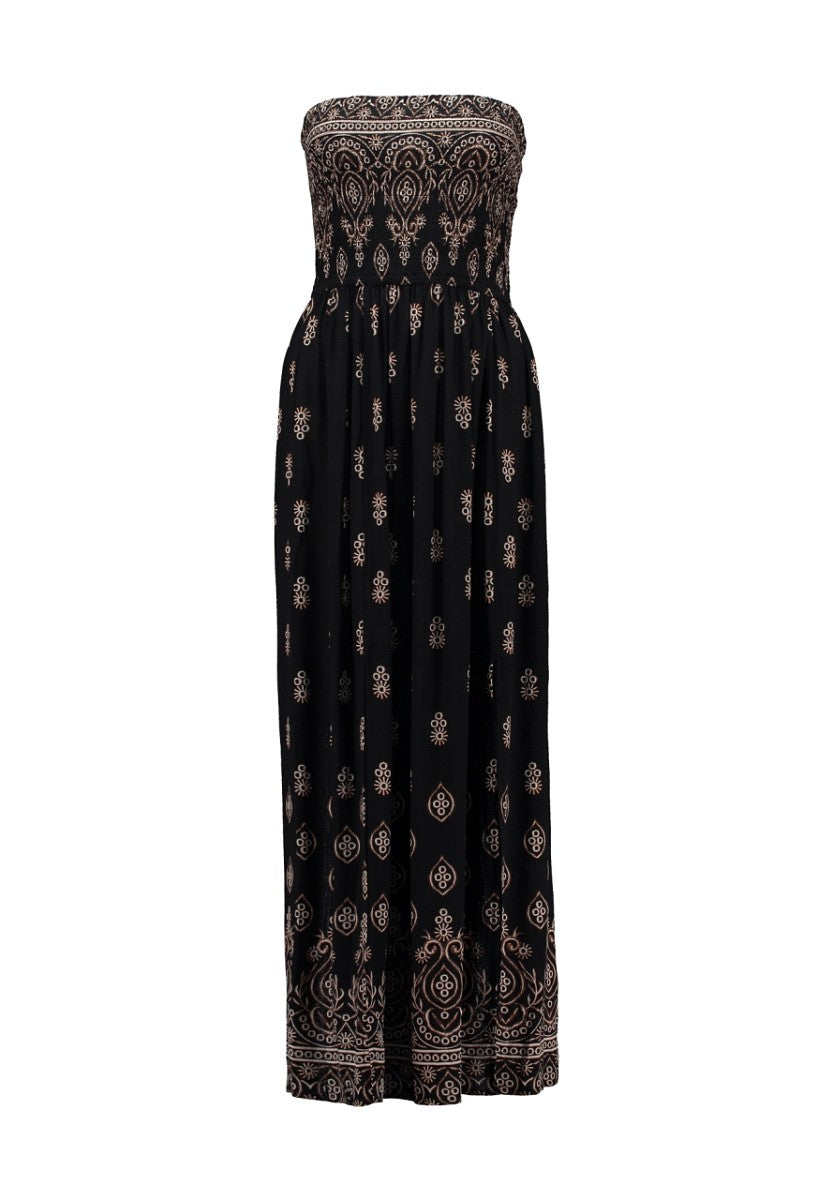 Hailys Damen Boho Maxikleid Sommer Bandeau gesmoktes Kleid schwarz creme XS-XXL
