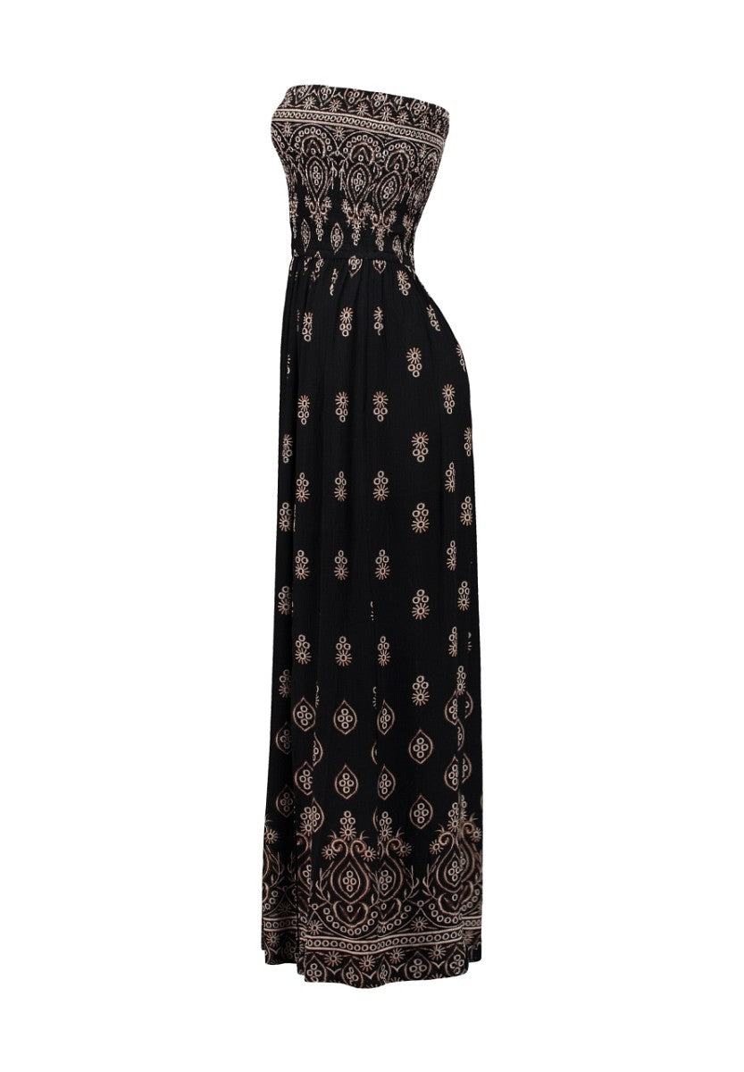 Hailys Damen Boho Maxikleid Sommer Bandeau gesmoktes Kleid schwarz creme XS-XXL