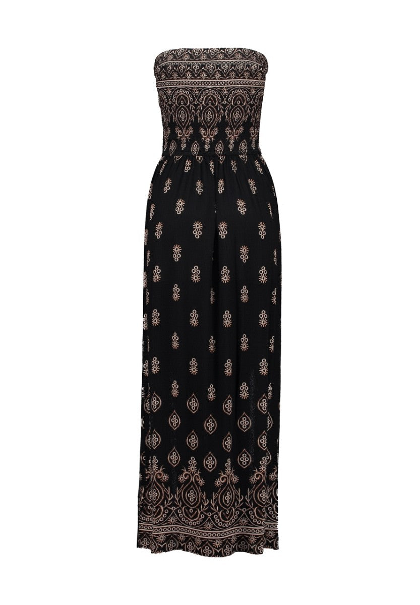 Hailys Damen Boho Maxikleid Sommer Bandeau gesmoktes Kleid schwarz creme XS-XXL