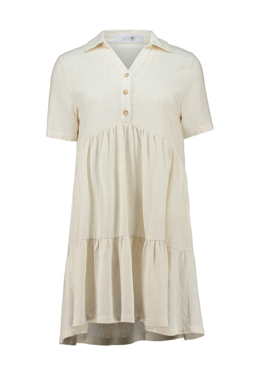 Hailys Damen Kleid Viskose Leinen Tunika Creme V-Ausschnitt  Kragen XS - XXL
