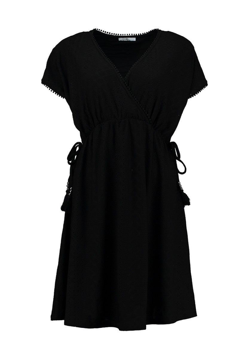 Hailys Damen Kleid Schwarz Lochstickerei Wickeloptik V-Ausschnitt Tunika XS-XXL