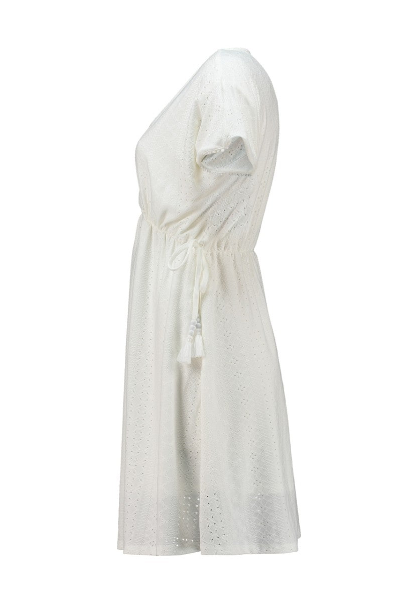 Hailys Damen Kleid Weiß Lochstickerei Wickeloptik V-Ausschnitt Tunika XS - XXL