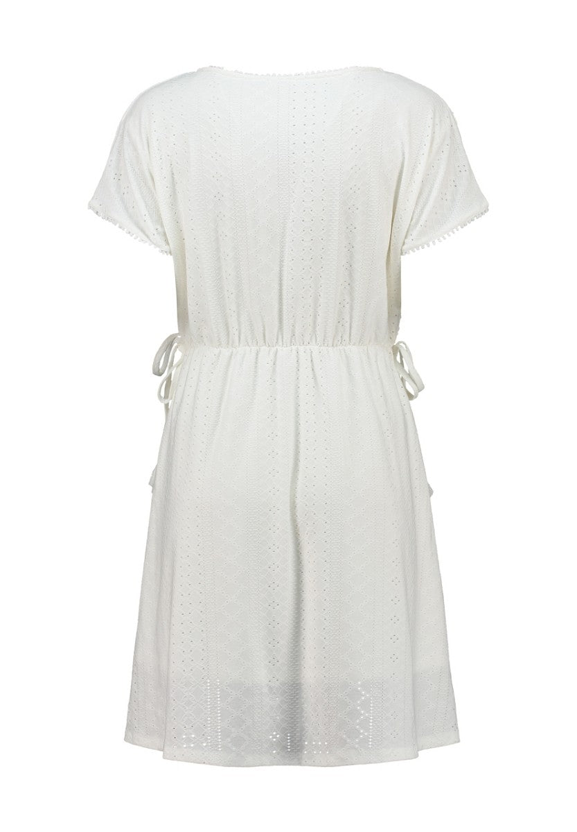 Hailys Damen Kleid Weiß Lochstickerei Wickeloptik V-Ausschnitt Tunika XS - XXL
