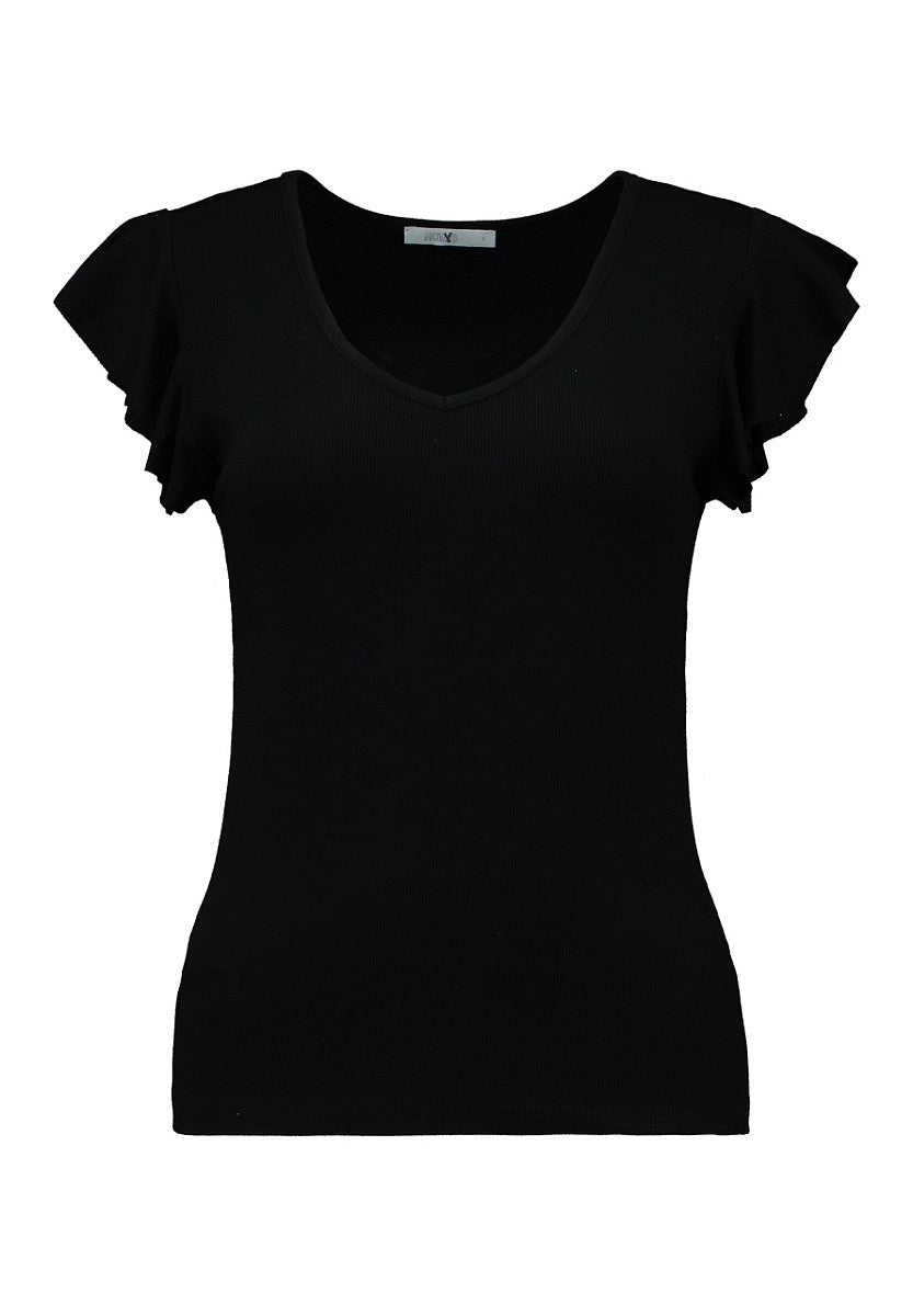 Hailys Damen Ripp-Shirt Volantärmel black schwarz V-Ausschnitt Slim Fit XS–XXL