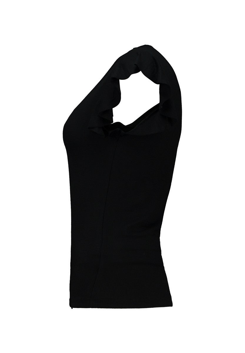 Hailys Damen Ripp-Shirt Volantärmel black schwarz V-Ausschnitt Slim Fit XS–XXL