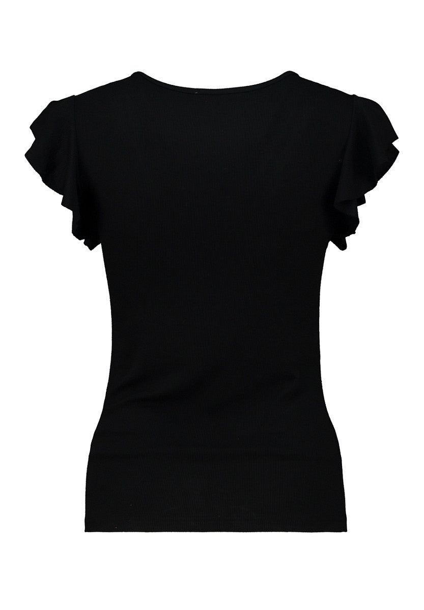 Hailys Damen Ripp-Shirt Volantärmel black schwarz V-Ausschnitt Slim Fit XS–XXL