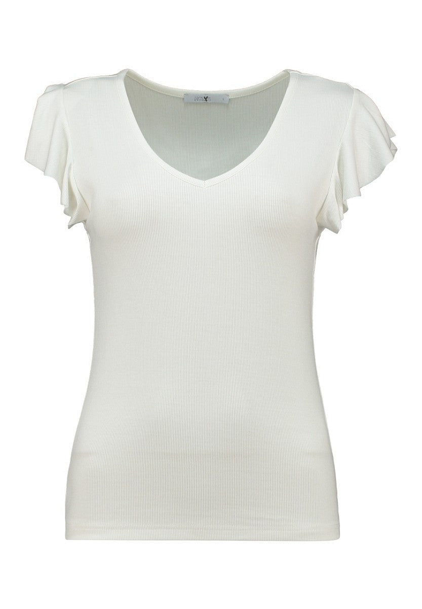Hailys Damen Ripp-Shirt Volantärmel offwhite weiß V-Ausschnitt Slim Fit XS–XXL