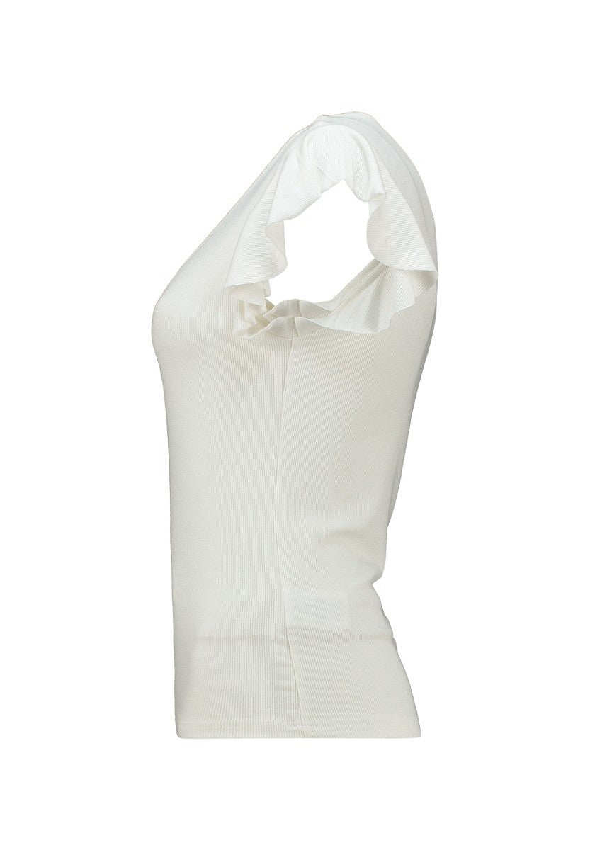 Hailys Damen Ripp-Shirt Volantärmel offwhite weiß V-Ausschnitt Slim Fit XS–XXL