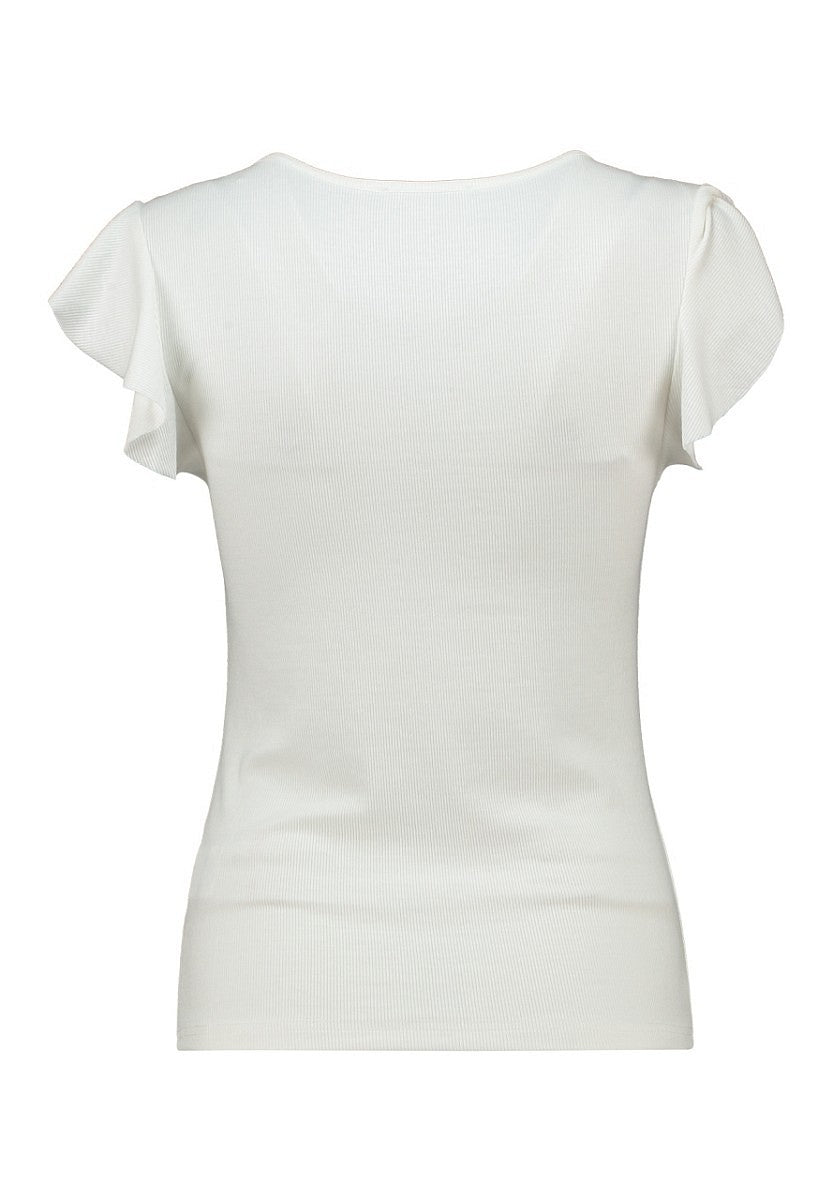 Hailys Damen Ripp-Shirt Volantärmel offwhite weiß V-Ausschnitt Slim Fit XS–XXL