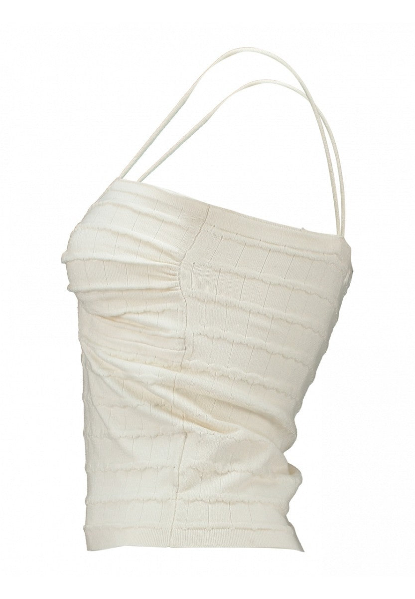 Hailys Damen Crop Top Creme Weiß Spaghettiträger gerafft Stricktop XS - XXL