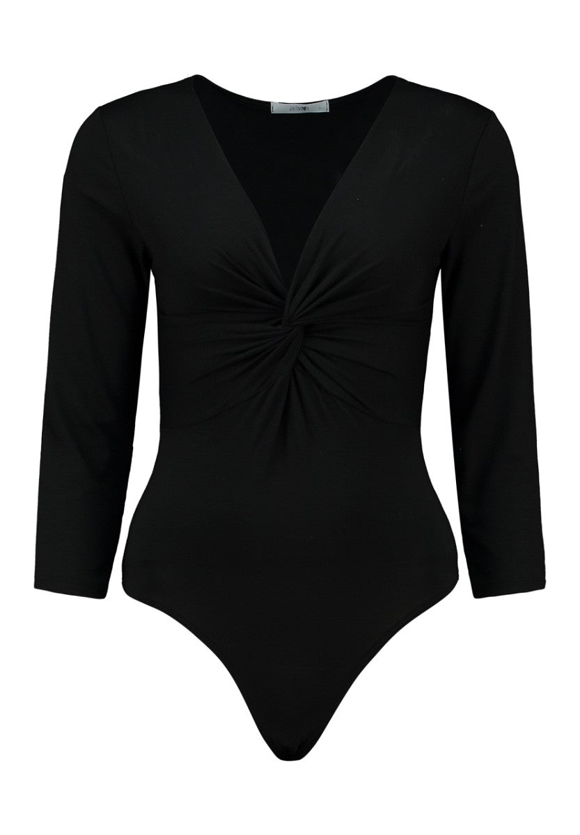 Hailys Damen Body 3/4 Arm Schwarz V-Ausschnitt Raffung Viskose Stretch XS-XXL