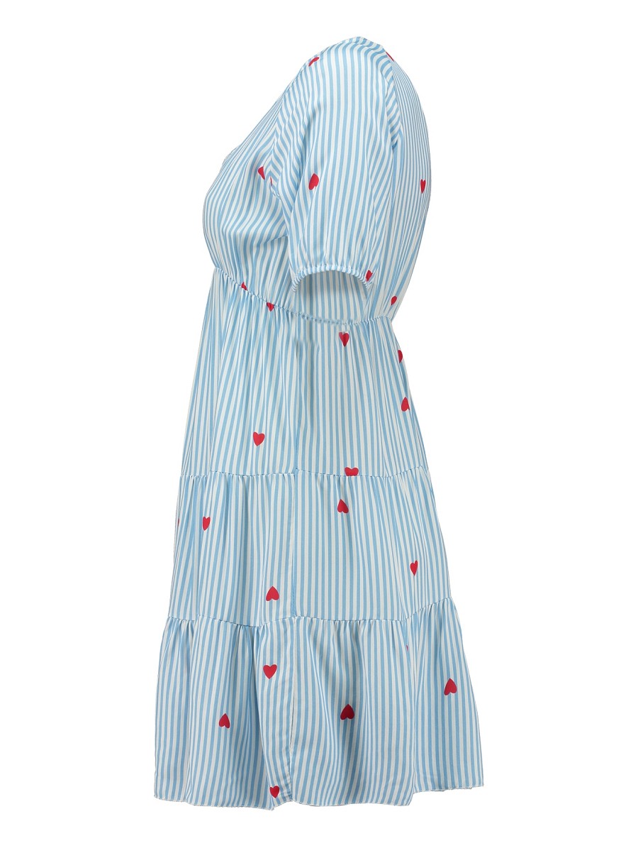 Hailys Damen Sommerkleid Hellblau Weiß Gestreift Herzen V-Ausschnitt XS - XXL