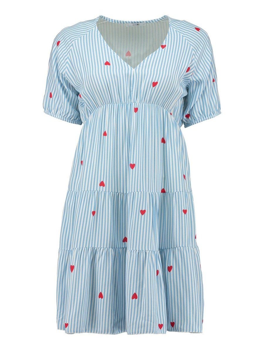 Hailys Damen Sommerkleid Hellblau Weiß Gestreift Herzen V-Ausschnitt XS - XXL