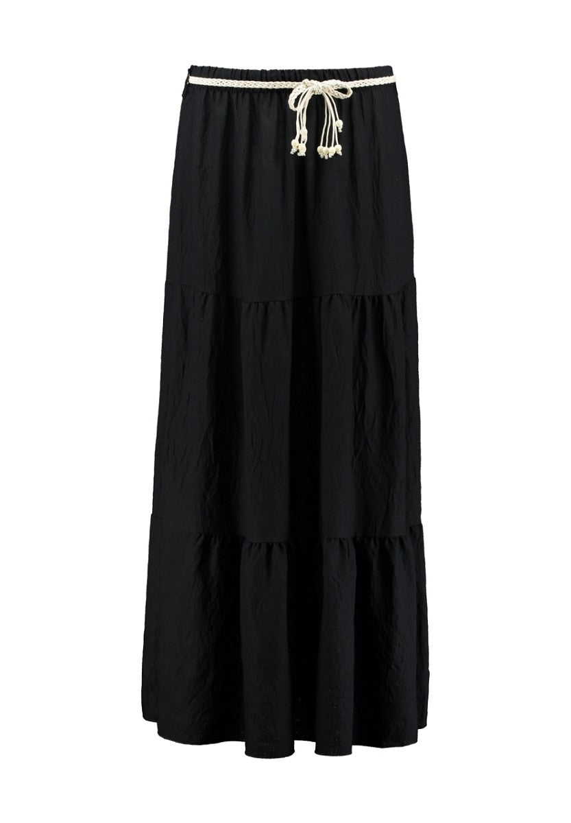 Hailys Damen Maxirock Schwarz mit Gürtel Sommerrock XS-XXL Boho Lang Rock
