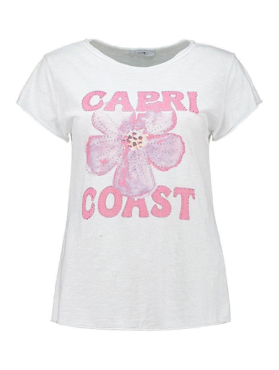 Hailys Damen T-Shirt Capri Coast Weiß Pink Blumen Strass Kurzarm XS-XXL