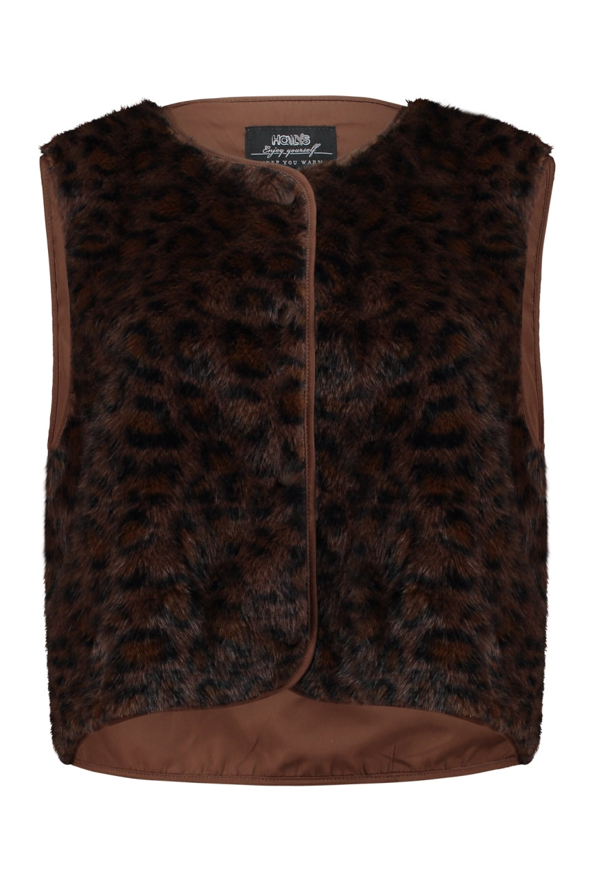 HAILYS Damen Fake Fur Weste Leo Muster Dunkelbraun Kunstfellweste XS - 2XL