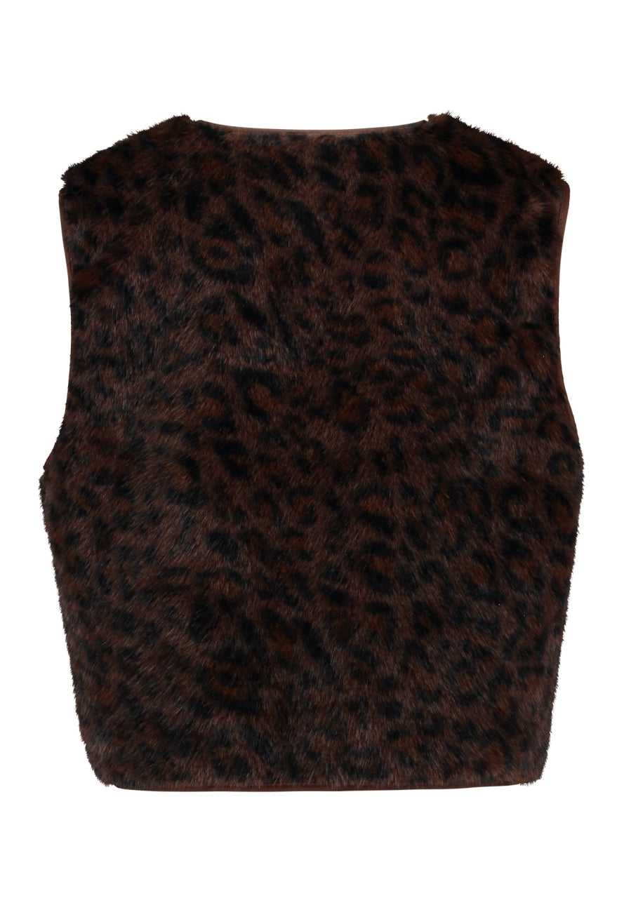 HAILYS Damen Fake Fur Weste Leo Muster Dunkelbraun Kunstfellweste XS - 2XL