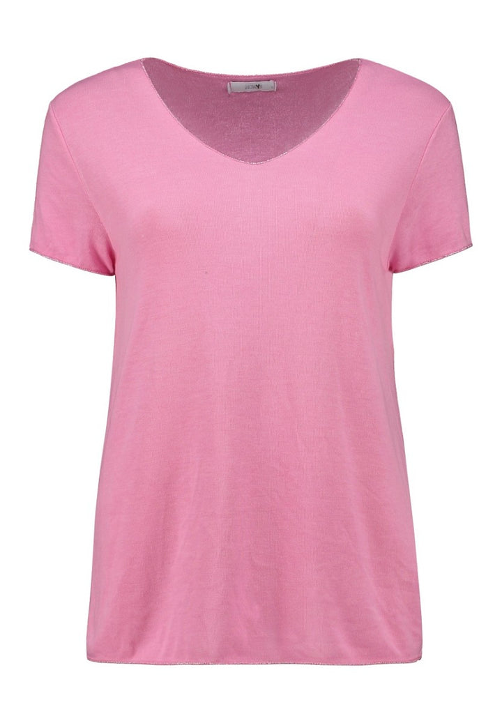 Hailys Damen T-Shirt V-Neck rosa pink Silber Details lockeres Basic Shirt XS - XXL