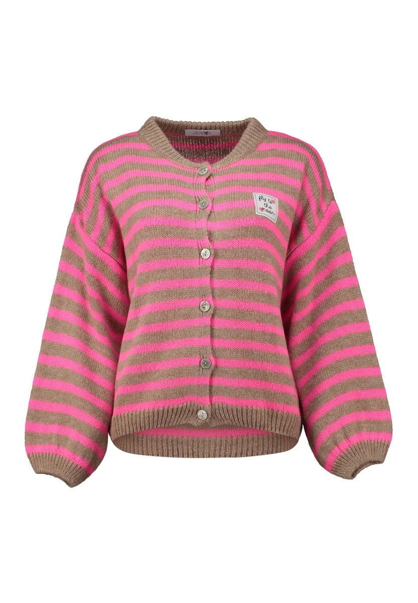 Hailys Damen Strickjacke Cardigan gestreift Pink Taupe Oversize Patch XS - XL