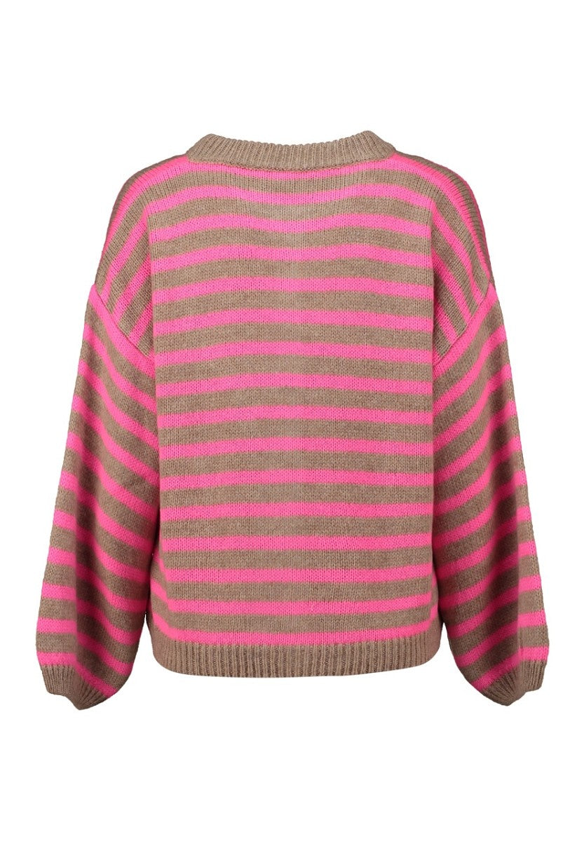 Hailys Damen Strickjacke Cardigan gestreift Pink Taupe Oversize Patch XS - XL