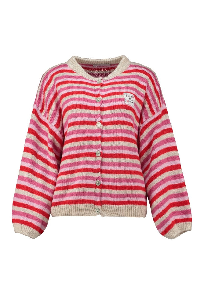 Hailys Damen Strickjacke Cardigan gestreift beige rosa rot Oversize Patch XS-XL