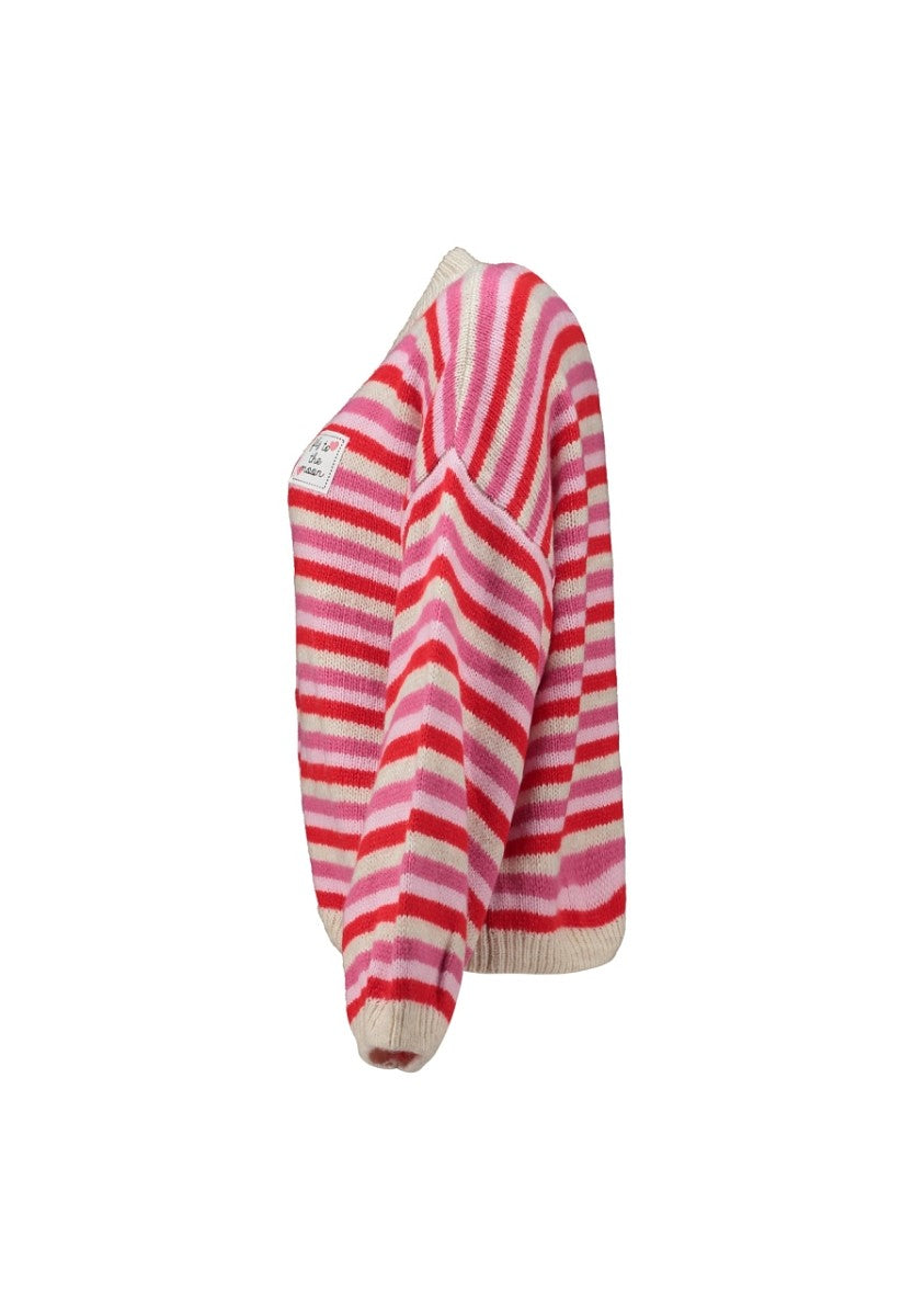Hailys Damen Strickjacke Cardigan gestreift beige rosa rot Oversize Patch XS-XL