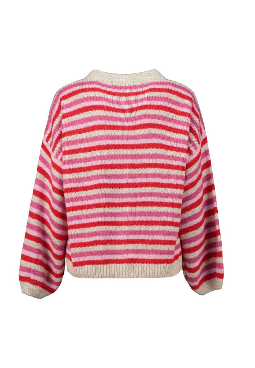 Hailys Damen Strickjacke Cardigan gestreift beige rosa rot Oversize Patch XS-XL