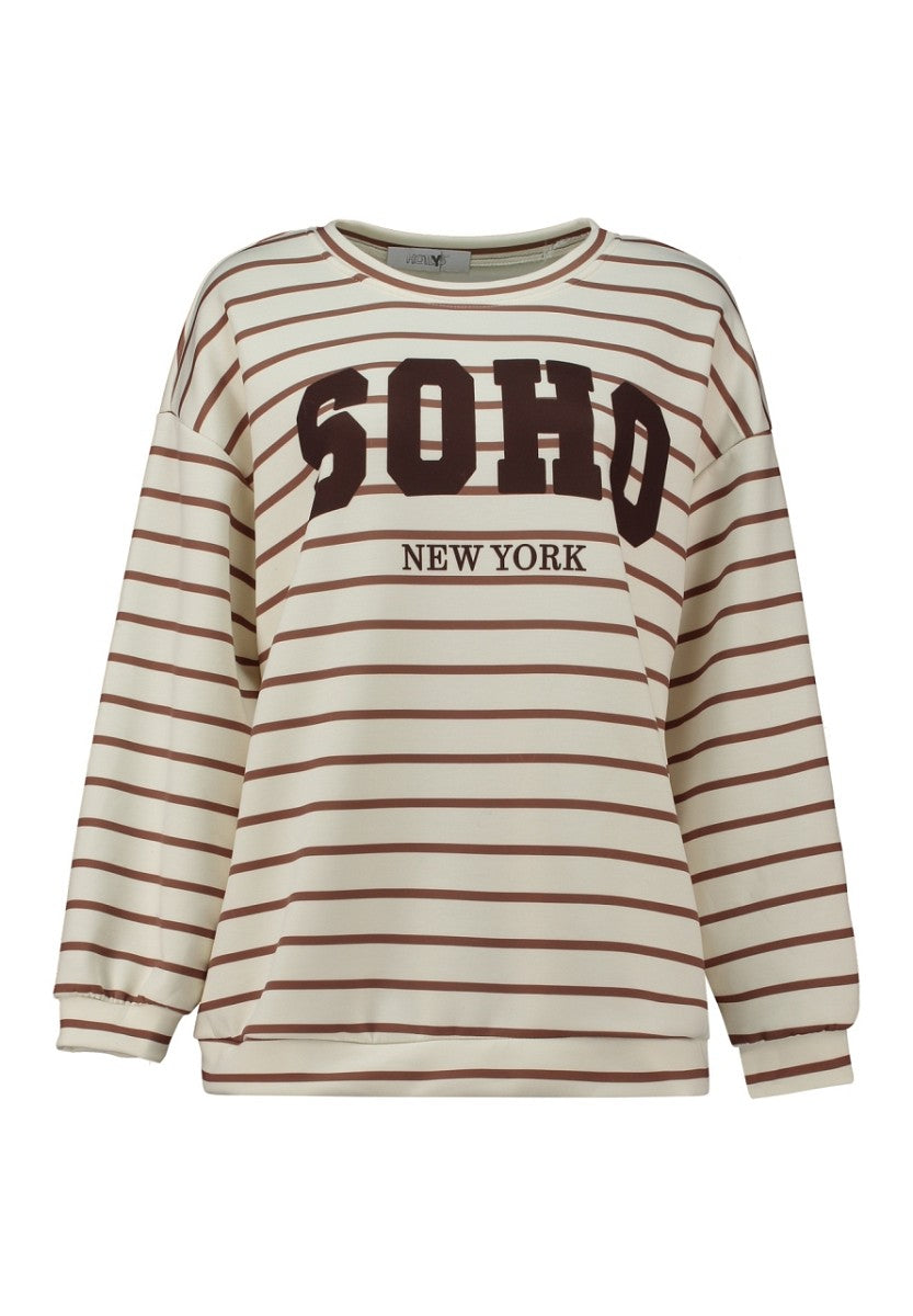 Hailys Damen Oversize Sweatshirt Streifen Print Soho Creme Dunkelbraun XS - XXL