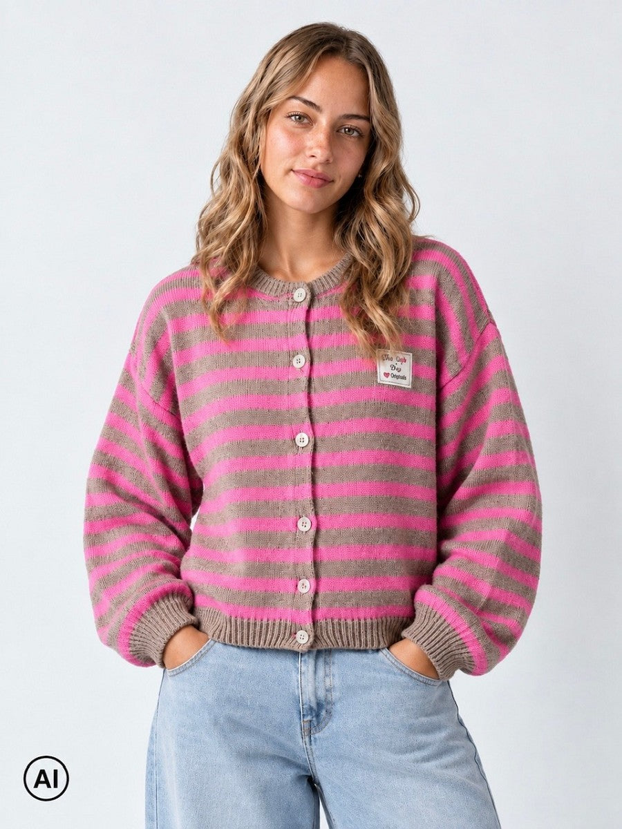 Hailys Damen Strickjacke Cardigan gestreift Pink Taupe Oversize Patch XS - XL