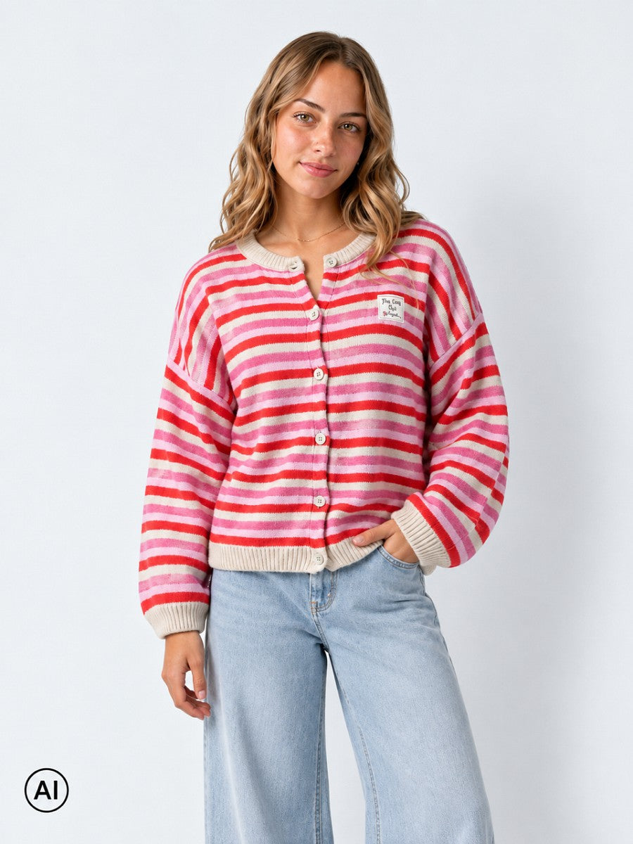 Hailys Damen Strickjacke Cardigan gestreift beige rosa rot Oversize Patch XS-XL