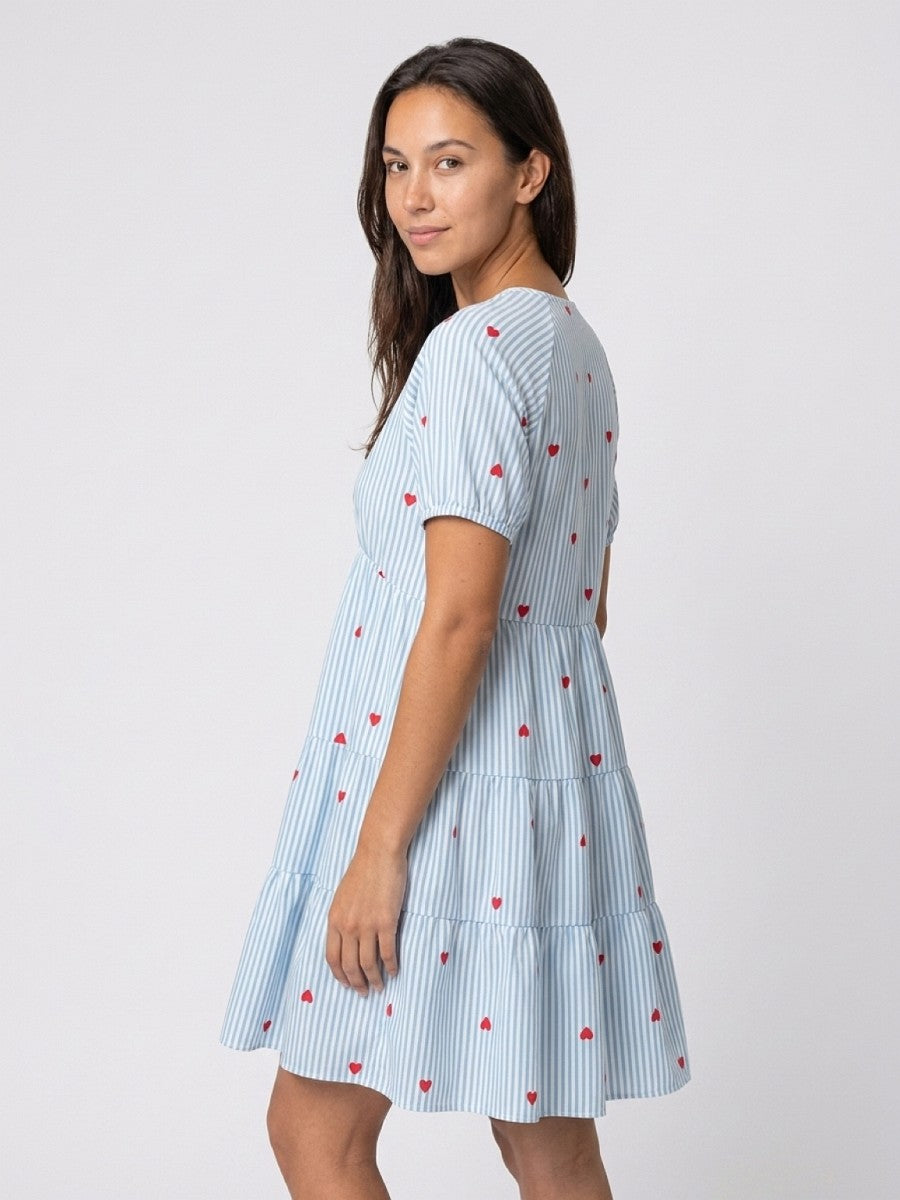 Hailys Damen Sommerkleid Hellblau Weiß Gestreift Herzen V-Ausschnitt XS - XXL