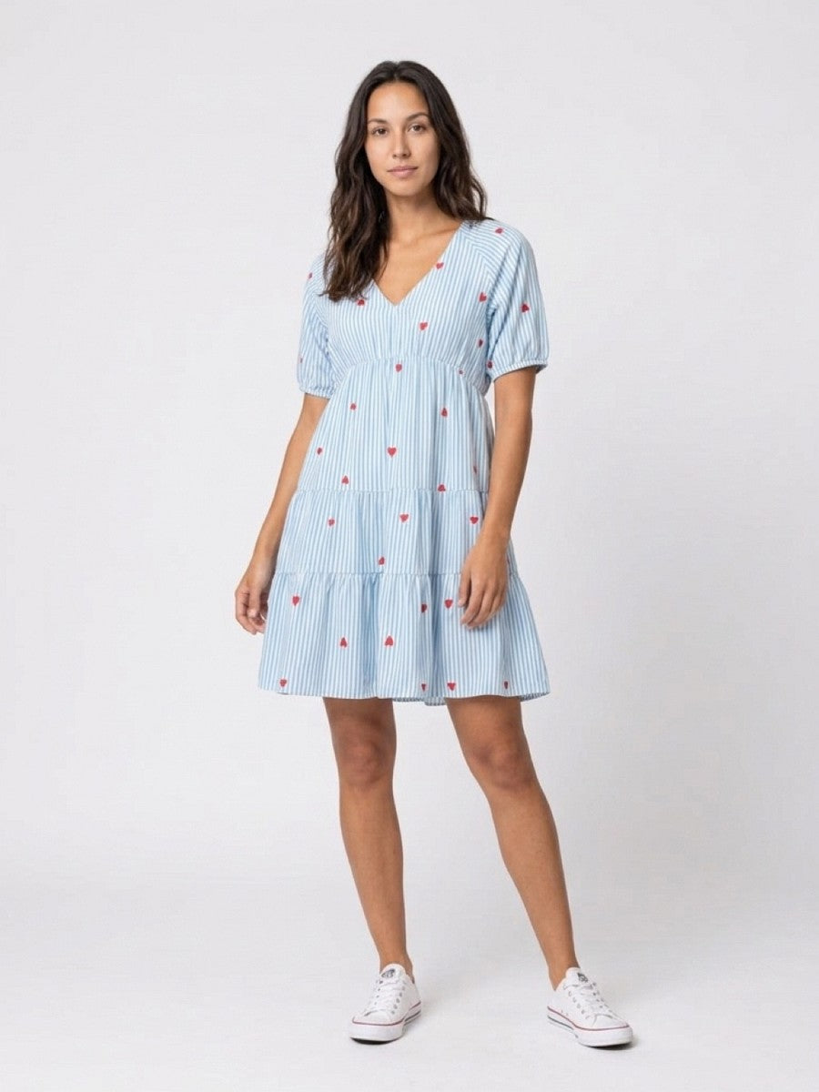 Hailys Damen Sommerkleid Hellblau Weiß Gestreift Herzen V-Ausschnitt XS - XXL