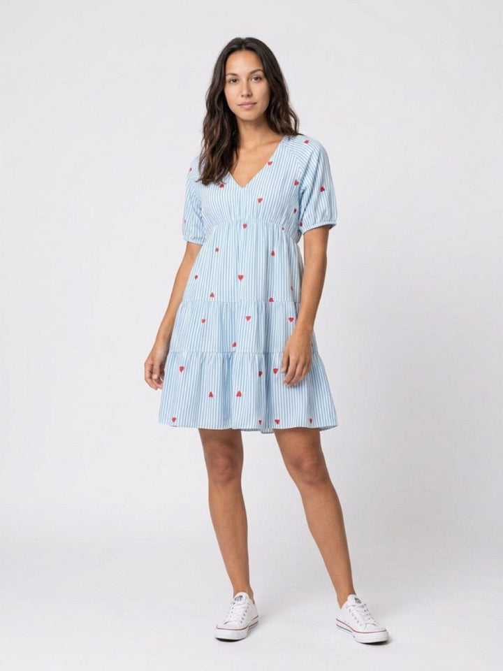 Hailys Damen Sommerkleid Hellblau Weiß Gestreift Herzen V-Ausschnitt XS - XXL