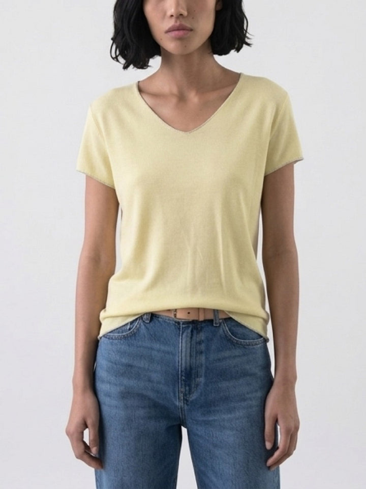 Hailys Damen T-Shirt V-Neck gelb butter yellow Silber Details lockeres Basic Shirt XS - XXL