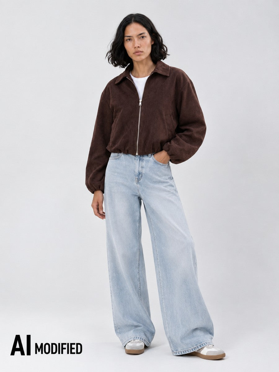 Hailys Damen Blouson Jacke Ballonärmel Crop Oversize Braun Wildlederoptik XS-2XL