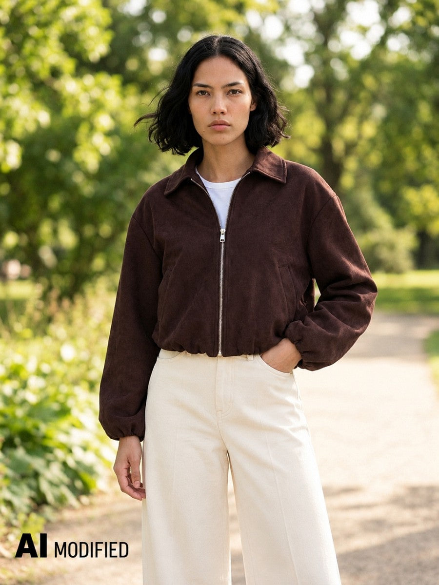 Hailys Damen Blouson Jacke Ballonärmel Crop Oversize Braun Wildlederoptik XS-2XL