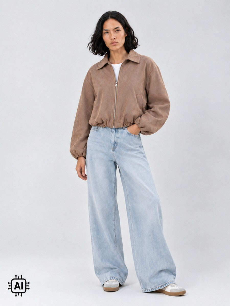 Hailys Damen Blouson Jacke Ballonärmel Crop Oversize Taupe Wildlederoptik XS-XXL