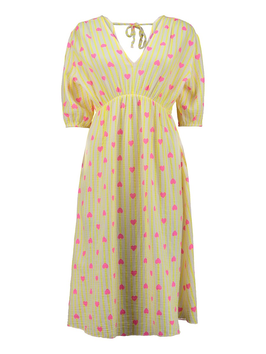 Hailys Damen Musselin Kleid Sommerkleid Gelb Herzen Pink V-Ausschnitt XS - XXL