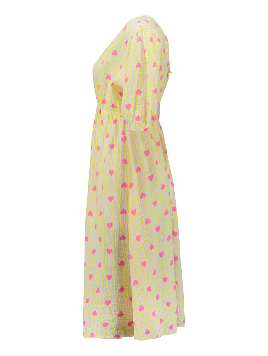 Hailys Damen Musselin Kleid Sommerkleid Gelb Herzen Pink V-Ausschnitt XS - XXL