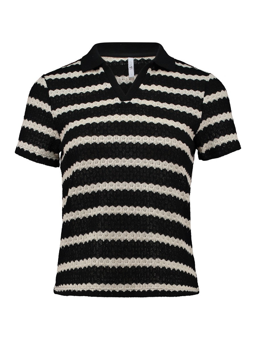 HAILYS Häkelshirt Damen Schwarz Weiß Gestreift Kurzarm V-Ausschnitt Boho XS - XXL
