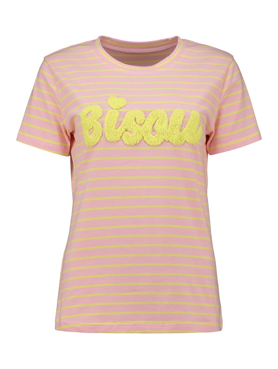 Hailys Damen T-Shirt gestreift Rosa Gelb Bisou Kurzarm Rundhals Baumwolle XS-L