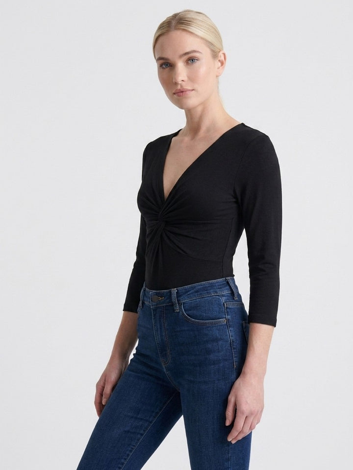 Hailys Damen Body 3/4 Arm Schwarz V-Ausschnitt Raffung Viskose Stretch XS-XXL