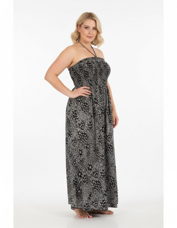 Z-One Damen Curvy Boho Maxikleid Sommer Neckholder Bandeau Kleid black paisley 40/42 - 52