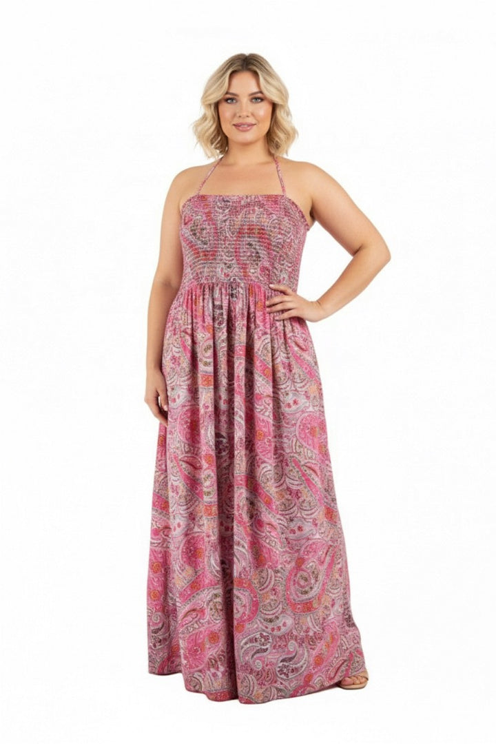 Z-One Damen Curvy Boho Maxikleid Sommer Neckholder Bandeau Kleid pink paisley 40/42 - 52