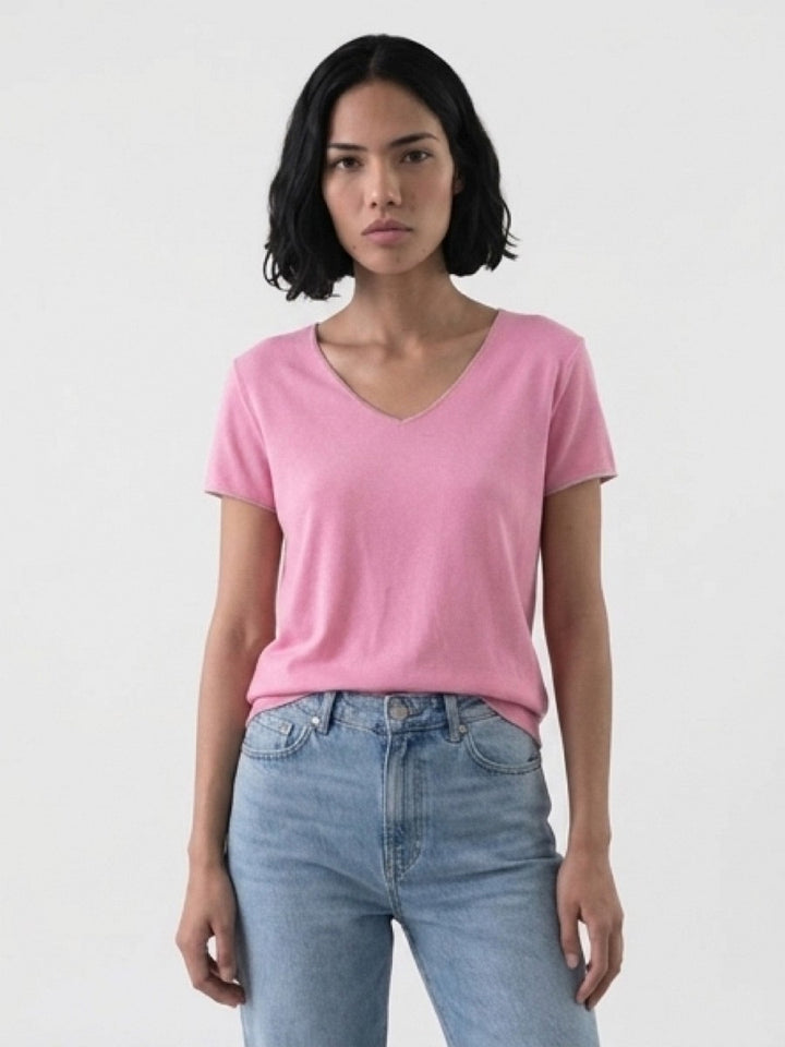 Hailys Damen T-Shirt V-Neck rosa pink Silber Details lockeres Basic Shirt XS - XXL